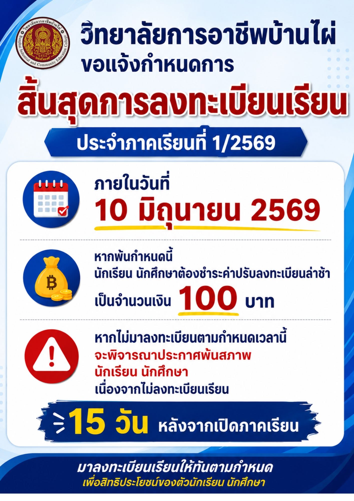 ประชาสัมพันธ์นักเรียน นักศึกษา วิทยาลัยการอาชีพบ้านไผ่ วิทยาลัยการอาชีพบ้านไผ่ ขอแจ้งกำหนดการสิ้นสุดการลงทะเบียนเรียน ประจำภาคเรียนที่ 1 ปีการศึกษา 2569